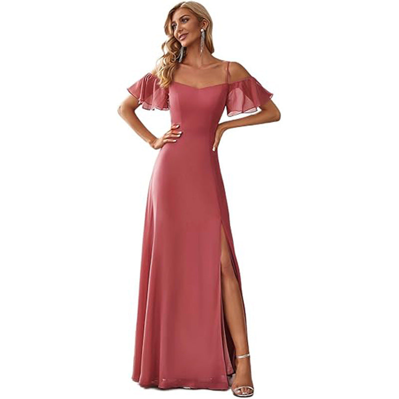 Off-shoulder chiffon maxi dress, women’s evening gown in flowing full-length style