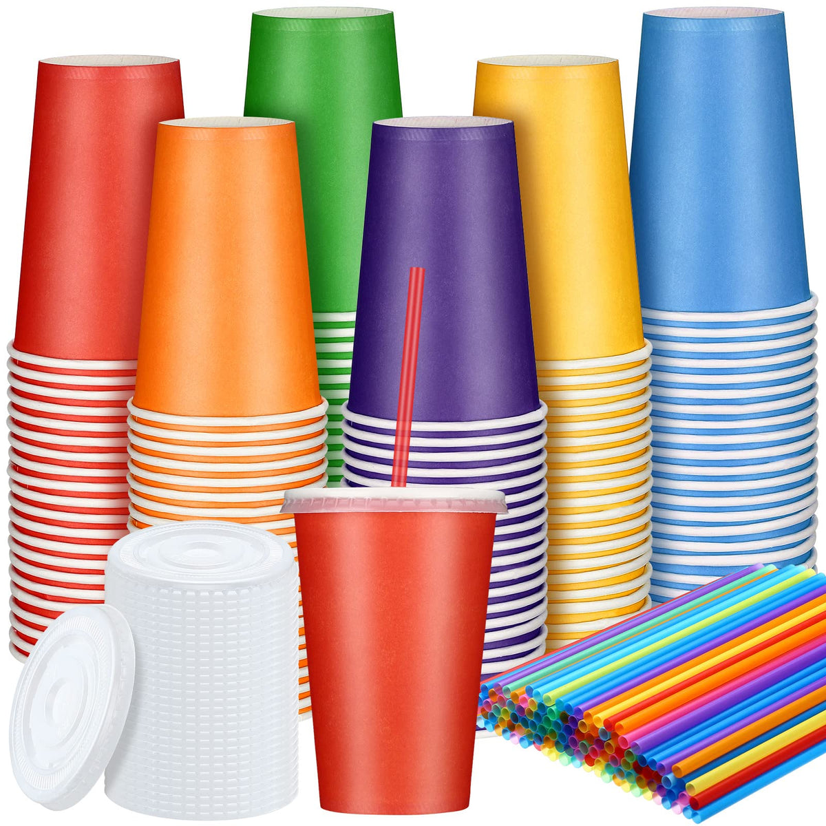 BrightSip colorful disposable coffee cups set with lids and straws from BACKUPMYFILESNOW®, 120-pack, ideal for parties and gatherings