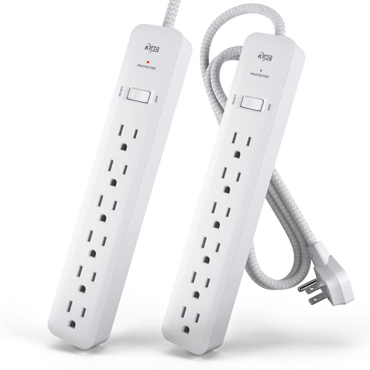KMC 6-outlet surge protector power strip with 4 ft braided extension cord and flat plug, 2-pack, 1080J surge protection.