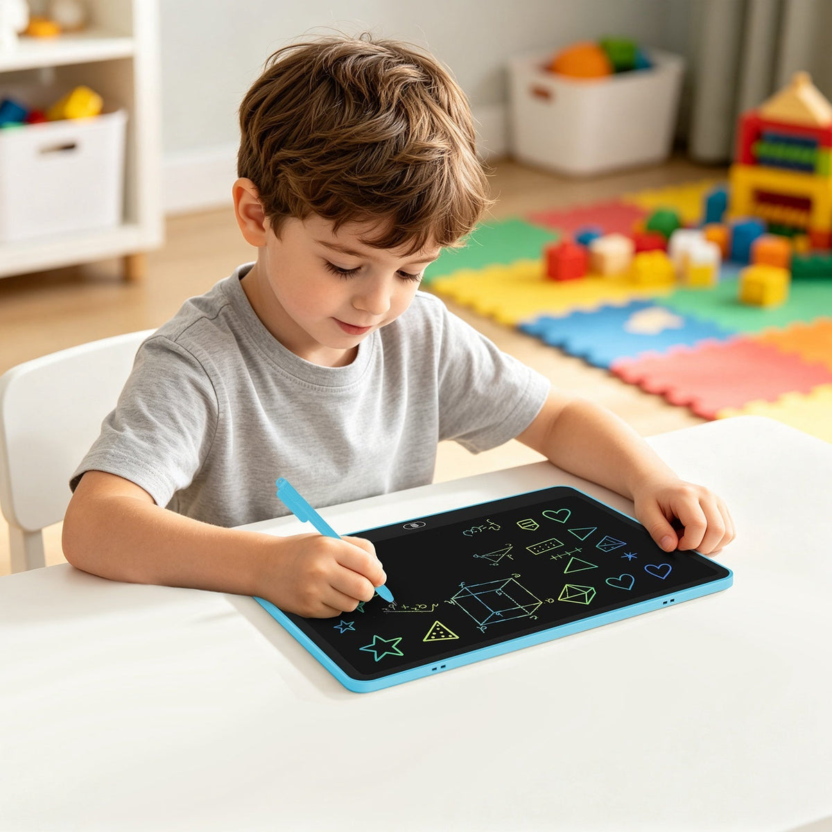 GBruno Store LCD writing tablet for kids with stylus and lock function, showing a colorful drawing on the screen