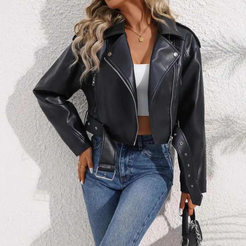 Vintage women's slim-fit short PU leather biker jacket with lapel collar