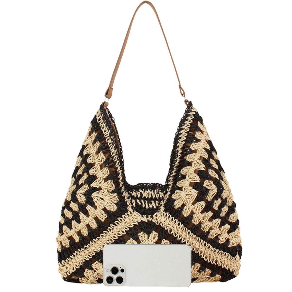 Black BACKUPMYFILESNOW® straw hobo bag with khaki strap, boho aztec woven shoulder purse for women, beach and summer holiday use