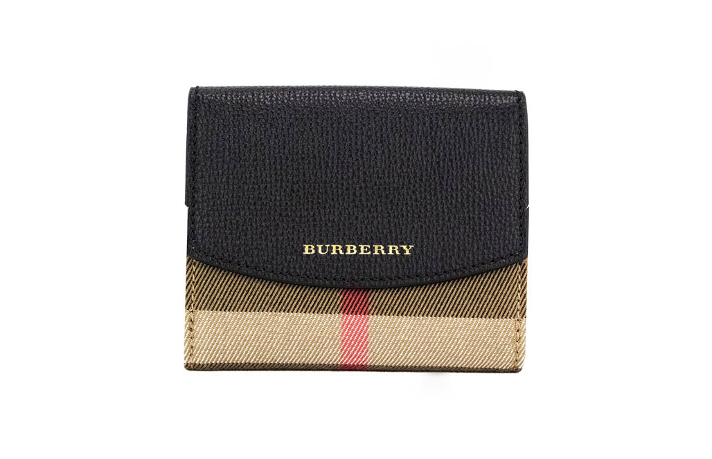 Burberry Luna black leather coin pouch wallet with house check pattern and gold-tone zipper, compact and stylish.