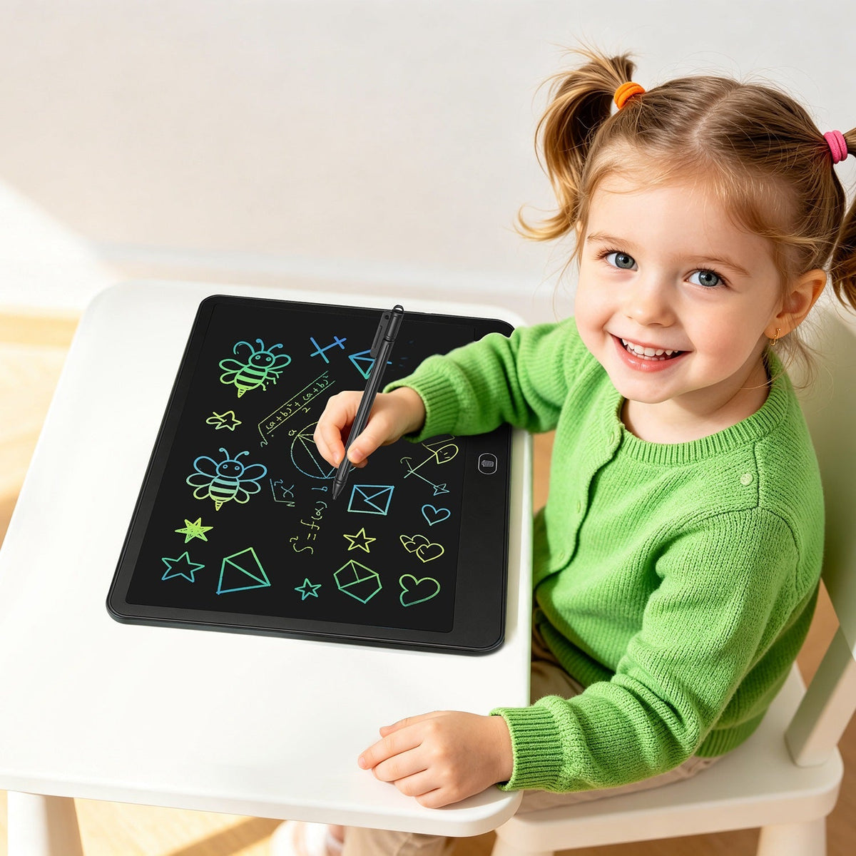 GBruno Store LCD writing tablet for kids with stylus and lock function, showing a colorful drawing on the screen.