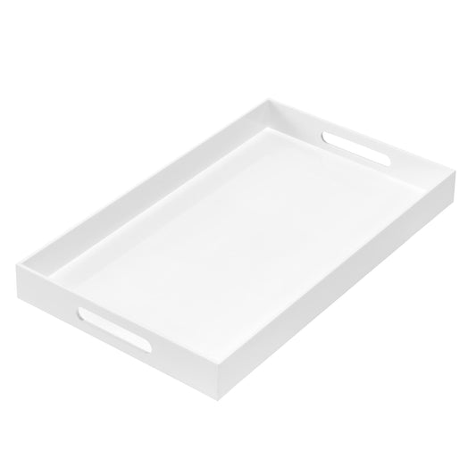Glossy white acrylic serving tray with handles, 12x20 inches, sturdy spill-proof design, ideal for ottomans, coffee tables, and nightstands.