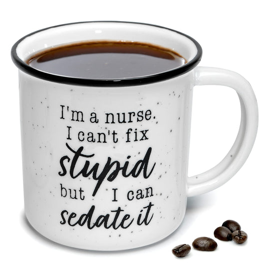 Ceramic "I'm a Nurse" coffee mug with humorous nurse design, 11 ounces, featuring medical themes for women and men.