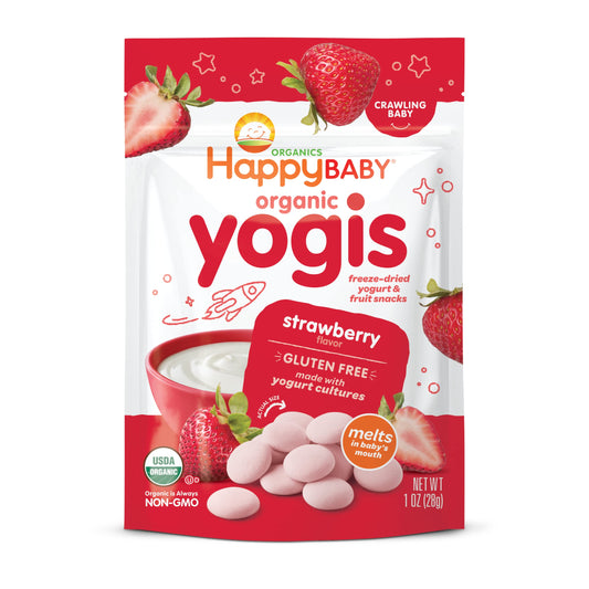 Happy Baby Organics yogurt and fruit snacks in strawberry flavor, gluten-free freeze-dried snacks for babies 9 months and older.