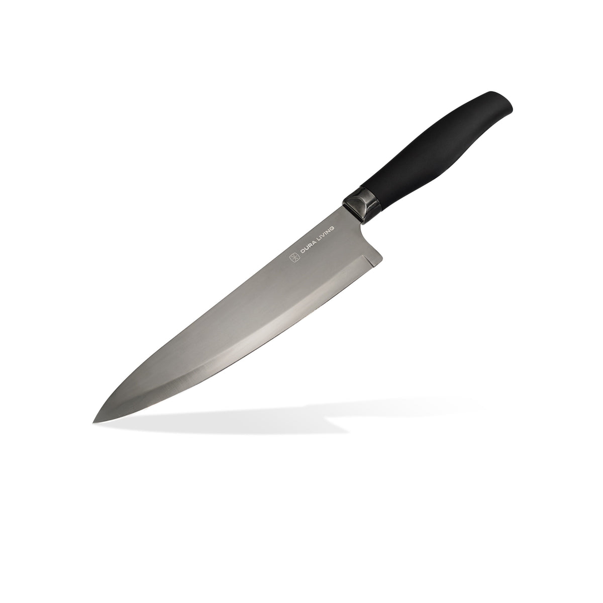 Dura Living Titan 12-piece black kitchen knife set with stainless steel blades and ergonomic handles, displayed on a wooden surface.
