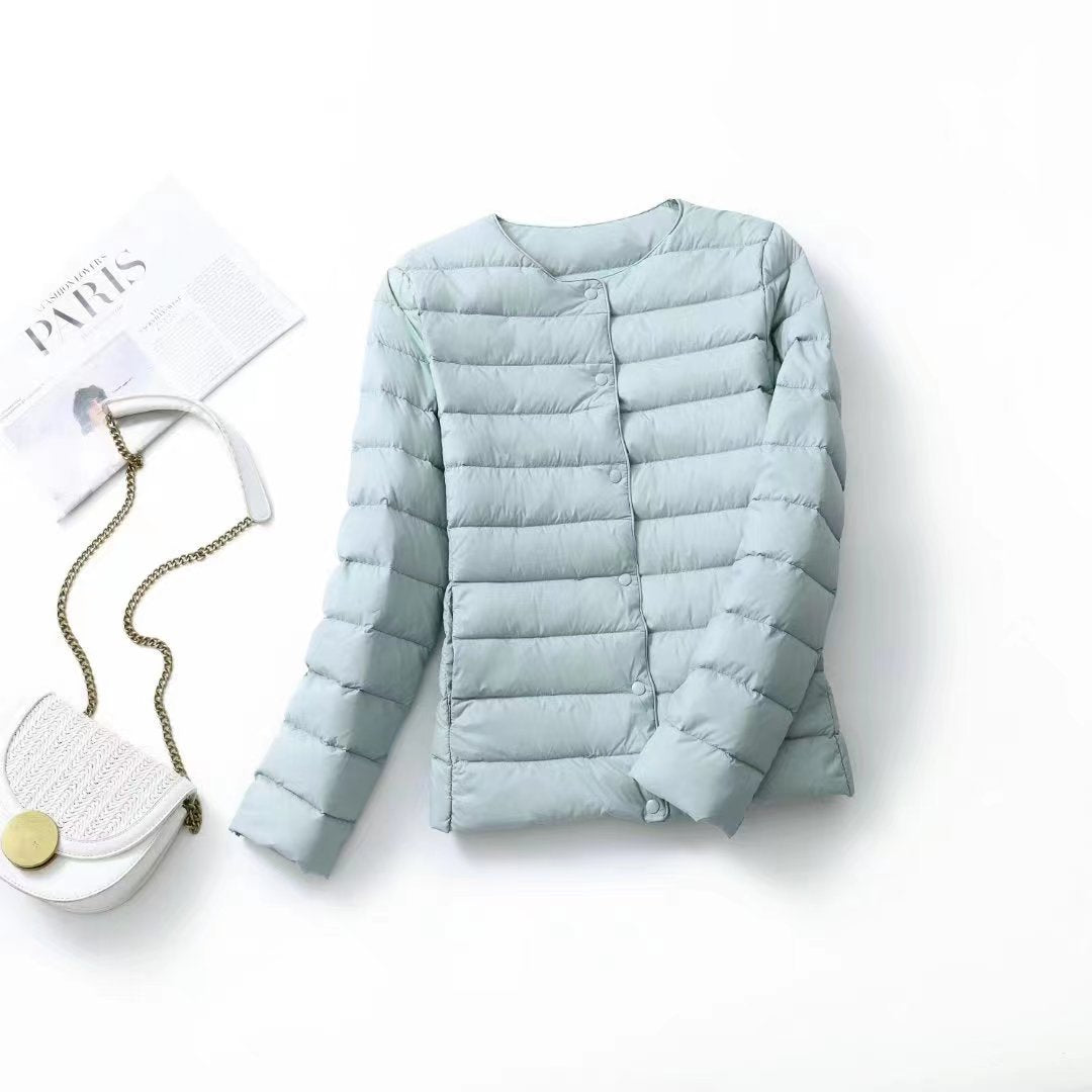 Women's lightweight white duck down jacket, front view