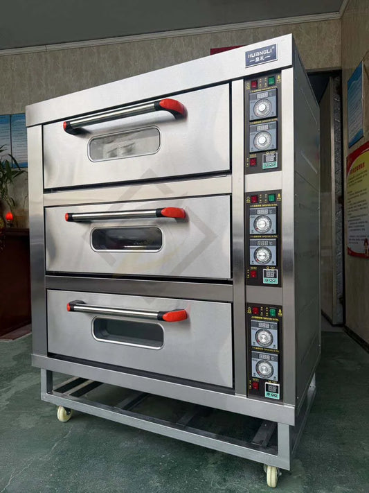 Commercial 3-deck, 6-tray gas bakery oven for bread and cakes, suitable for catering industry use, by BackupMyFilesNow.com.