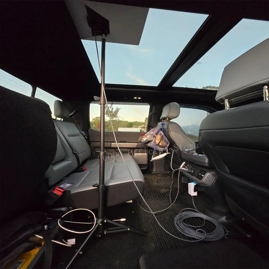Starlink Mini V4 tripod mount for outdoor use, adjustable height and tilt, compact design for camping and RV travel.