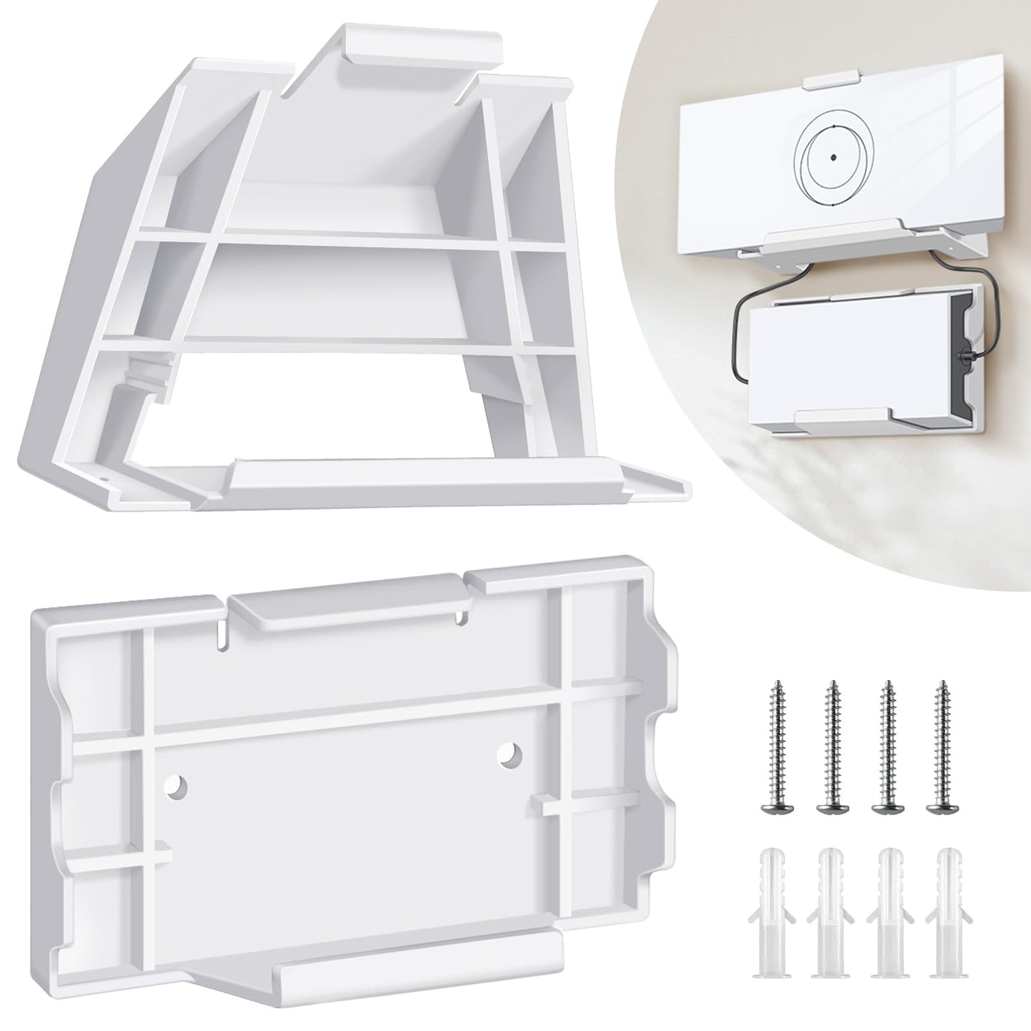 White wall mount bracket for Starlink Gen 3 router and power supply, designed for space-saving installation.