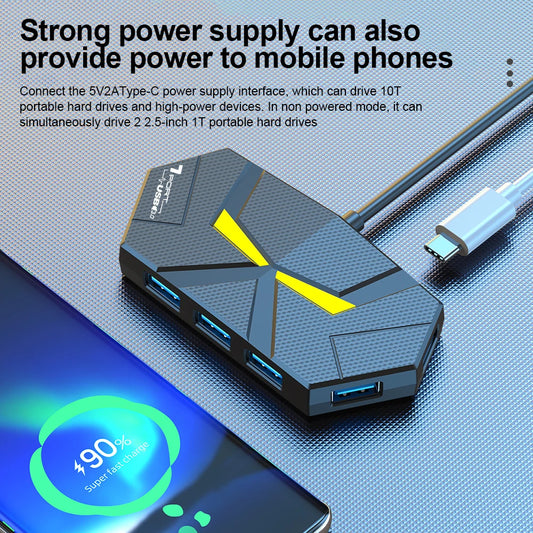 Black 7-port USB 3.0 hub and docking station with high-speed transfer, power supply, and compatibility for laptops and computers.