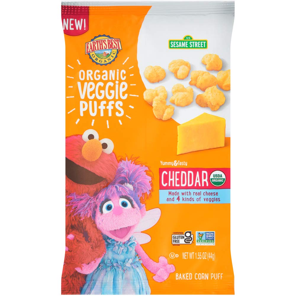 Organic Cheddar Veggie Puffs toddler snacks by Earth’s Best, gluten-free kid-friendly snack with Sesame Street branding, 1.55 oz bag.