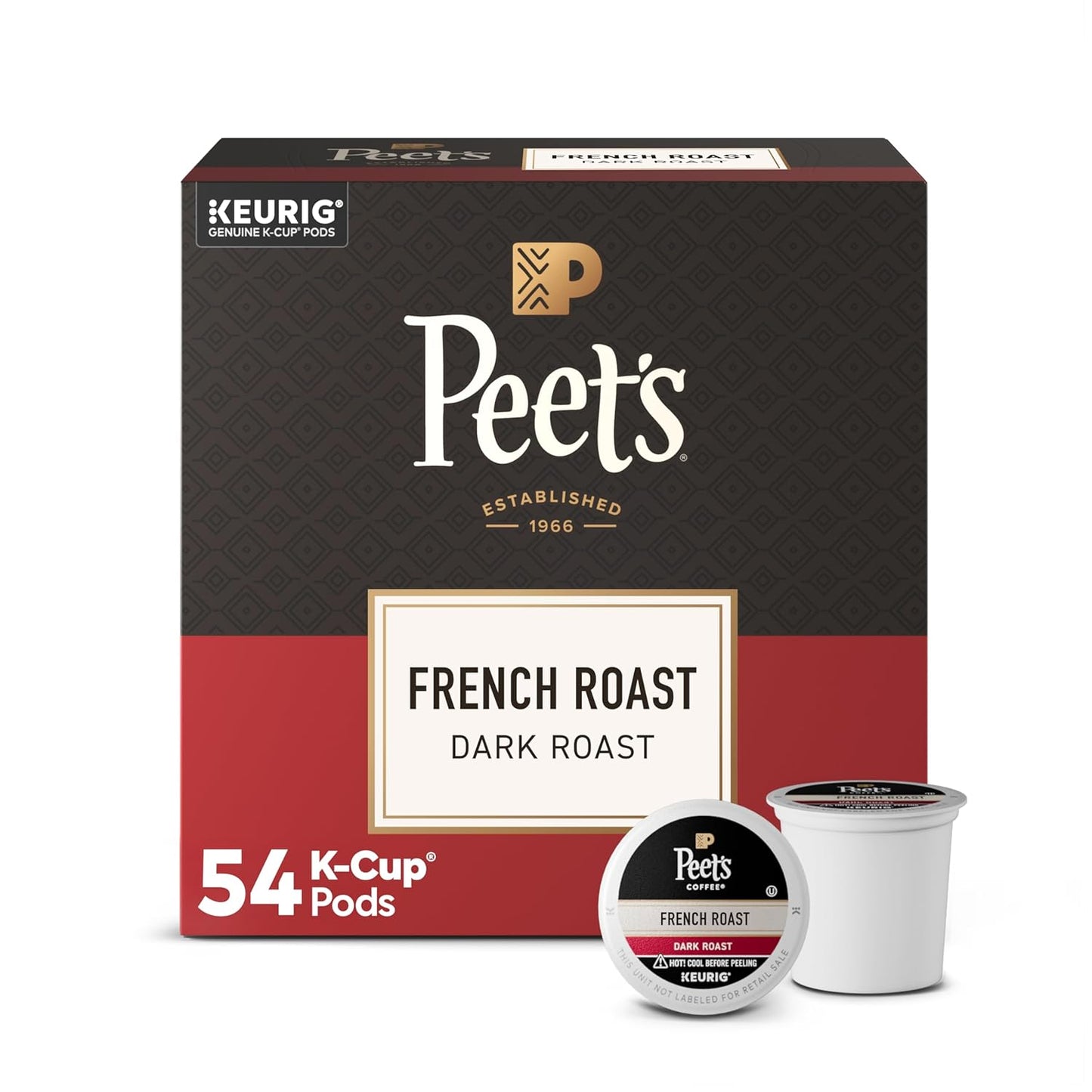 Pack of four Peet's Coffee Dark Roast Keurig K-Cup Pods featuring 100% Arabica French Roast, 54-count box of coffee pods.