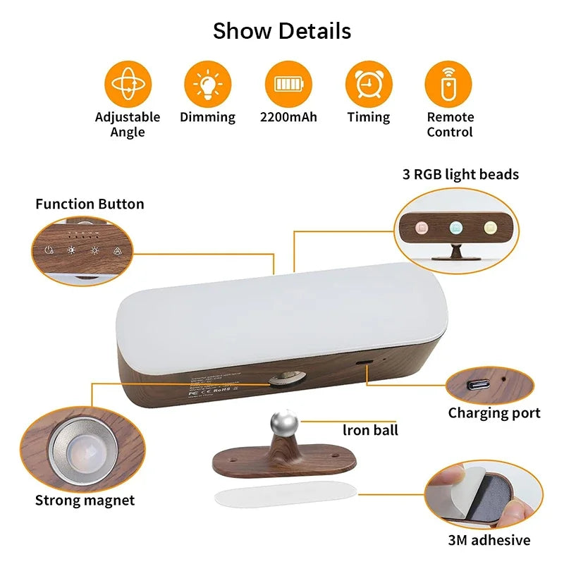 Smart LED light with 3 color temperatures, stepless dimming, remote and touch control, USB-C rechargeable, adjustable angle.