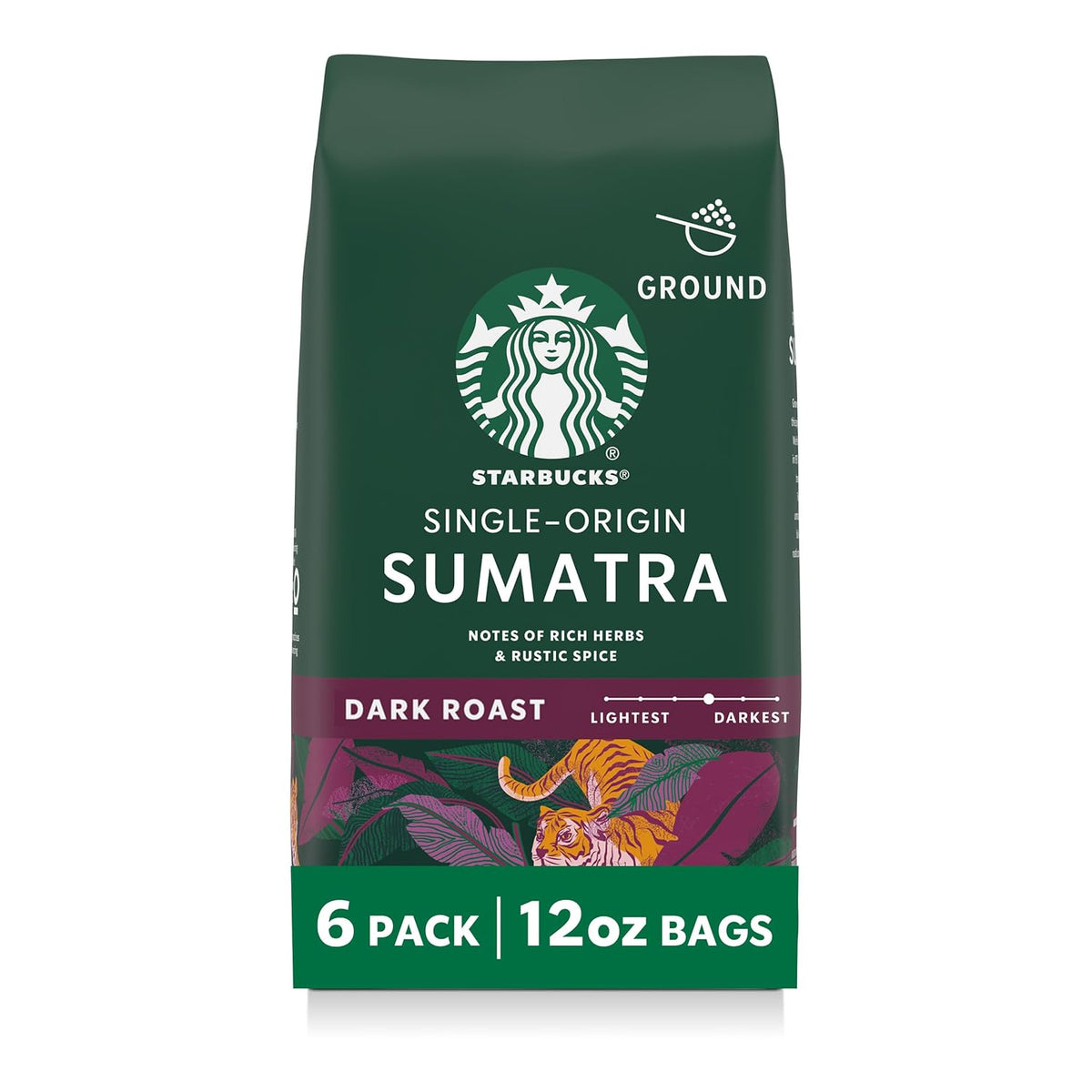 Six 18 oz bags of Starbucks Sumatra Dark Roast Ground Coffee, 100% Arabica, by BACKUPMYFILESNOW.COM®.