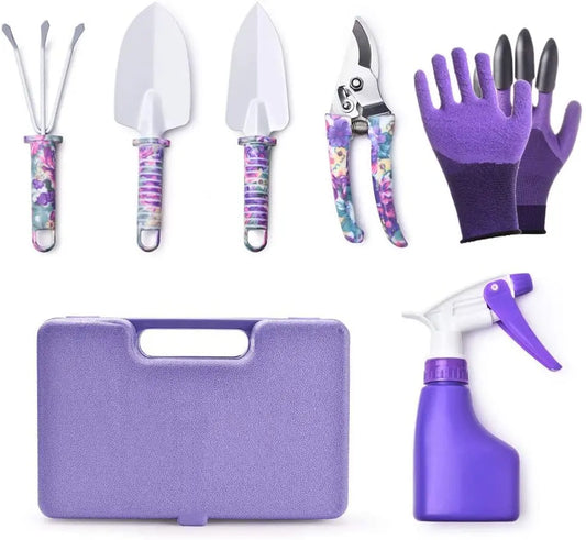 Purple women’s garden tools set with six lightweight gardening tools including trowels and pruning shears, ideal for gardening tasks.
