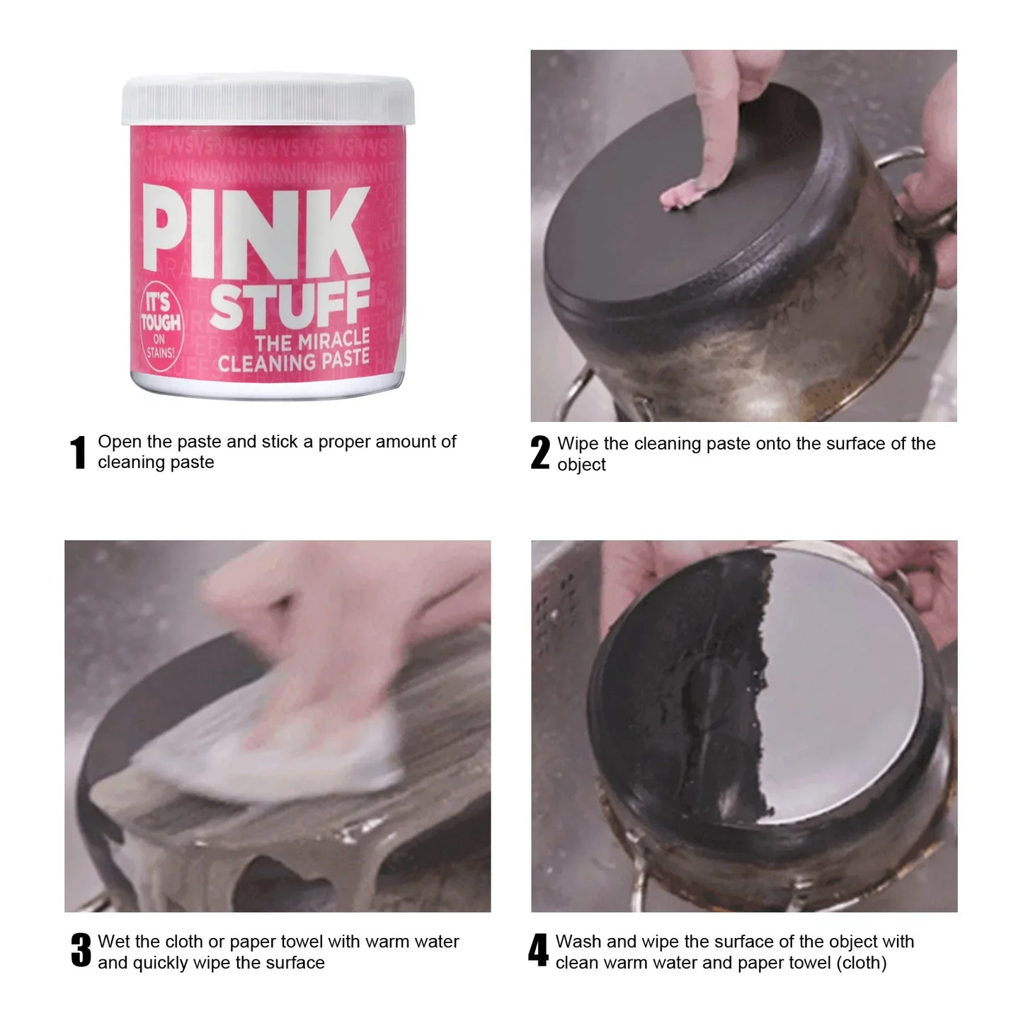 Stainless steel kitchen cleaner cream in a 100ml container, used for decontamination, stain removal, and polishing of surfaces.