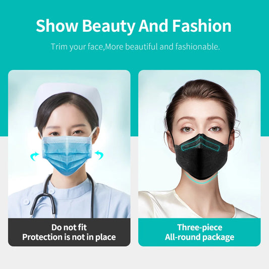 Set of 10-100 black FFP2 face masks, disposable KN95 and KF94 masks with CE approval, designed for facial protection.