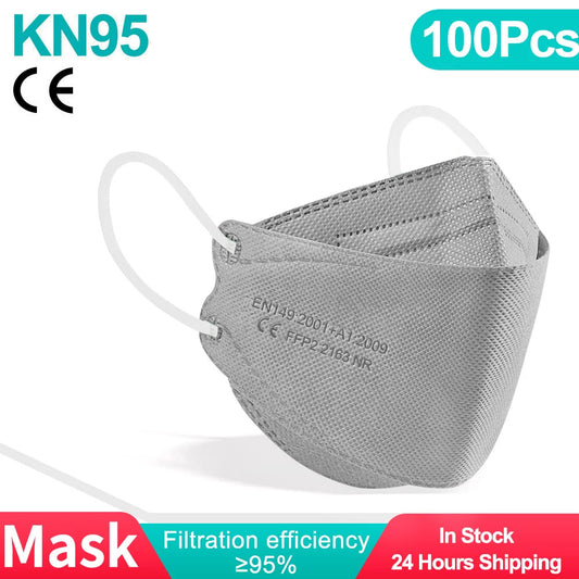 Gray adult fish-shaped KN95 FFP2 face mask with 4 layers, breathable respirator and mouth cover, approved FFP2 mask.