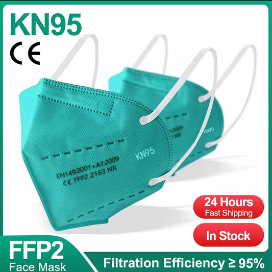Set of 10 to 100 FFP2 KN95 face masks with 5-layer filters for adults, reusable and approved for surgical use.