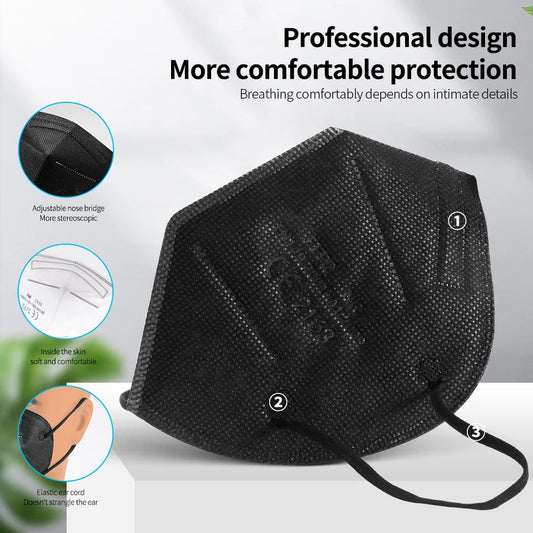 Set of 10 FPP2 masks in black, CE approved adult face masks with dustproof and KN95 respirator features.