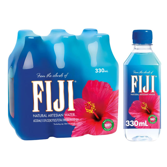 Fiji Natural Artesian Bottled Water 330mL bottles in a pack of 24, featuring natural electrolytes and a clear label.