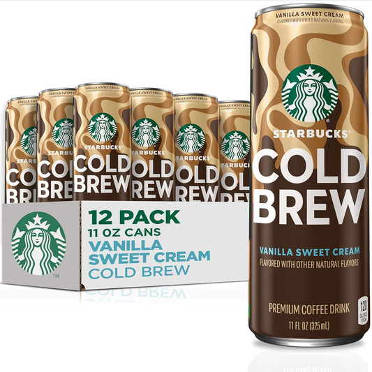 Starbucks Cold Brew Coffee with Vanilla Sweet Cream in 11 fl oz cans, 12-pack, premium iced coffee drink.