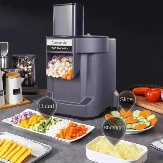 Commercial vegetable chopper with 6 blades, 3-in-1 electric food processor for slicing, shredding, and dicing carrots and potatoes.