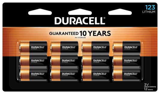 Duracell CR123A 3V lithium batteries in a 12-pack, high-power long-lasting batteries for security devices, flashlights, and home automation.