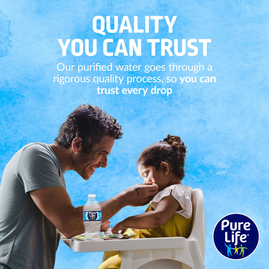 12-pack of Pure Life purified water bottles, 16.9 fl oz each, in clear plastic bottles, showing the water inside.