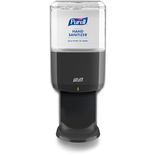 Graphite PURELL ES8 automatic hand sanitizer dispenser with 1200 mL capacity, shown alongside refill pack for touchless sanitizing.