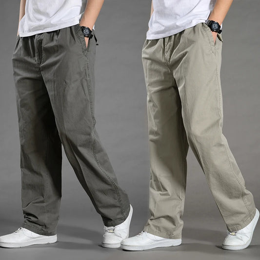 Men's black cotton cargo pants with multiple pockets, casual and climbing joggers, suitable for summer, spring, and autumn.