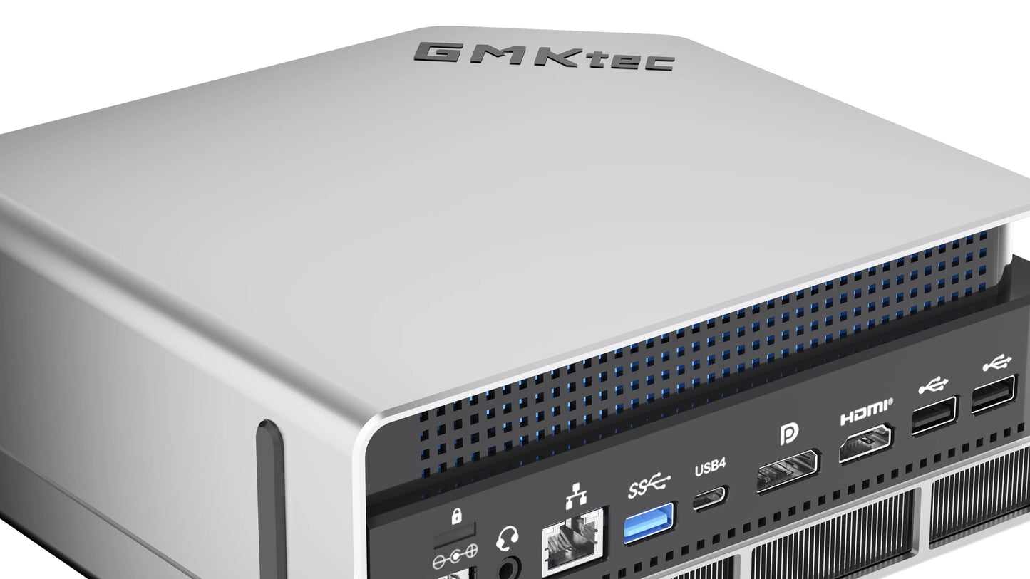 GMKtec EVO-X2 AMD R AI Max+ 395 Mini PC with 16-core AMD Ryzen, 128GB RAM, 2TB SSD, silver compact gaming computer.