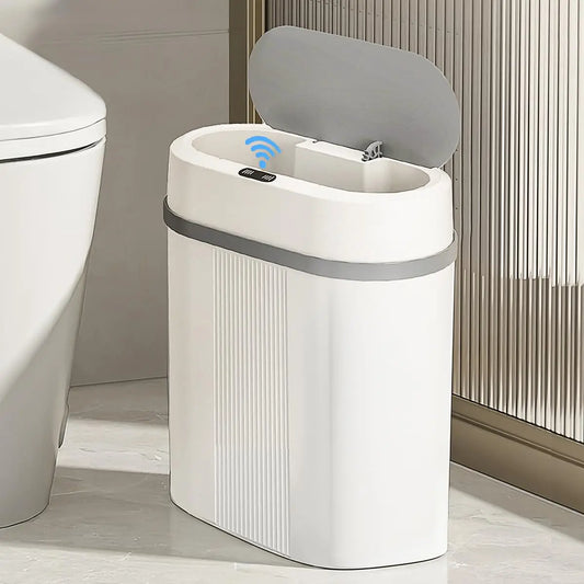 Smart Sensor 12L waterproof electric trash can by BackupMyFilesNow.com with narrow design, touchless automatic operation for home or office.