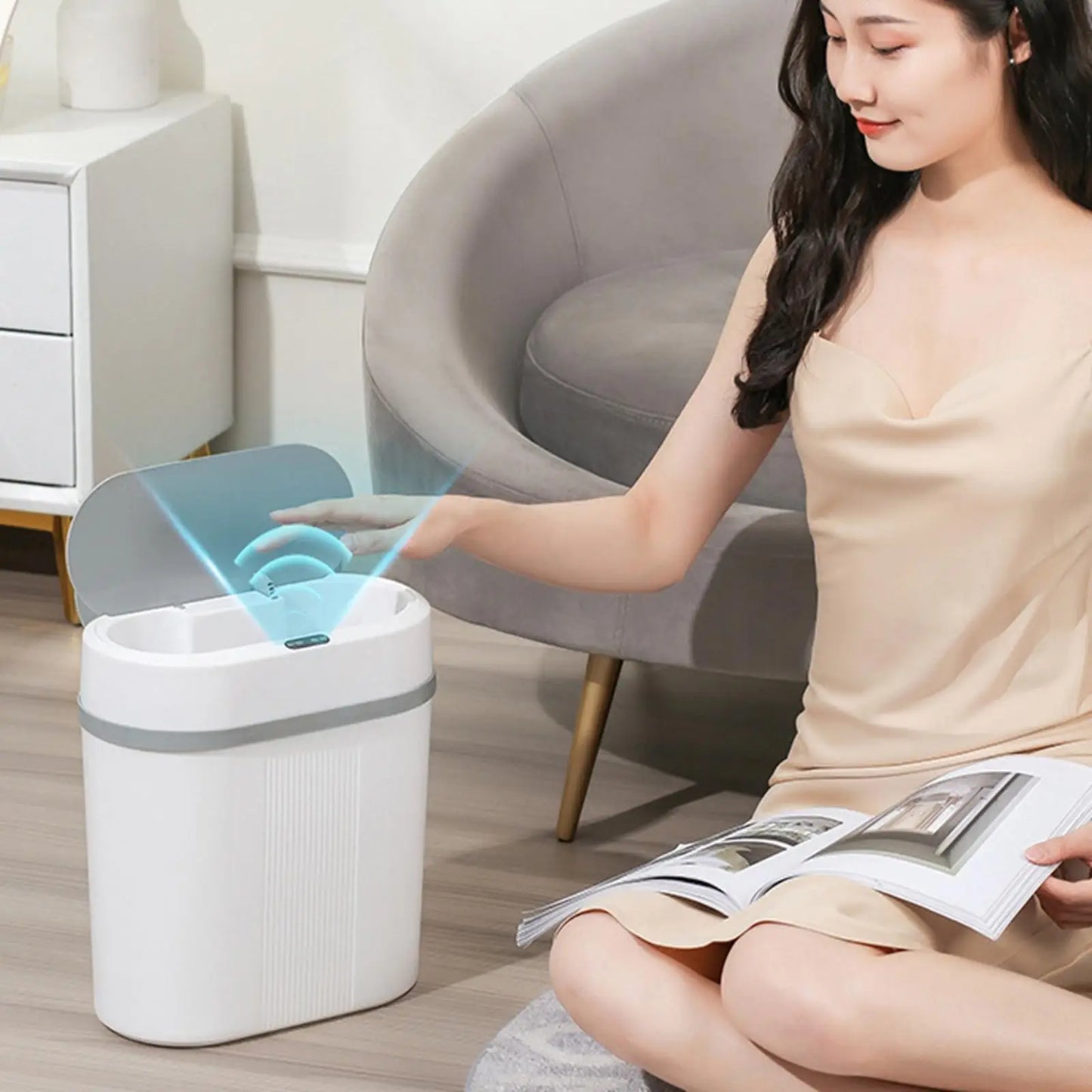 Smart Sensor 12L waterproof electric trash can by BackupMyFilesNow.com with narrow, touchless, automatic design for home or office use.