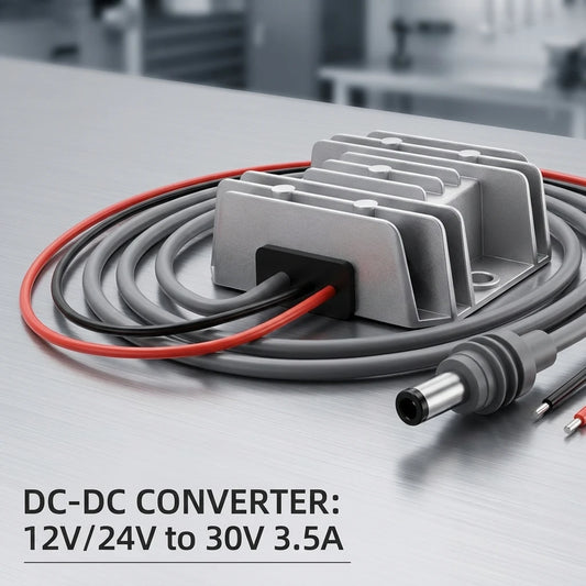 DC-DC step-up module converting 12V to 30V at 3.5A with DC power cord, suitable for Starlink Mini power boost.
