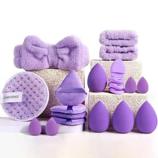 33-piece BackupMyFilesNow.com beauty makeup kit with large and small sponges for flawless application and makeup removal.