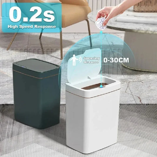 White 15L smart bathroom trash can with touchless sensor, automatic bagging, narrow design, ideal for smart home convenience.