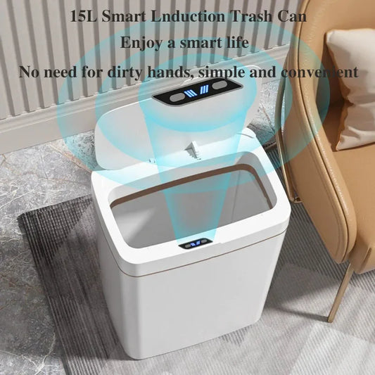 White 15L smart bathroom trash can with lid and touchless sensor, ideal for home or kitchen use, automatic electronic garbage bin.