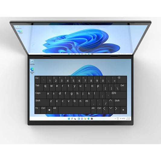 14-inch touch dual-screen gaming laptop with Intel N100, 16GB DDR4 RAM, 1TB SSD, and modern notebook design.