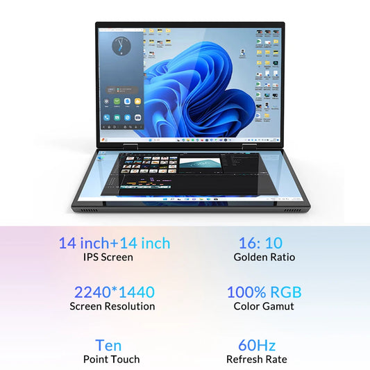 Crelander dual-screen 14-inch 2K touch laptop with Intel N95 CPU, 360-degree flip, metal case, 16GB RAM, 512GB SSD.