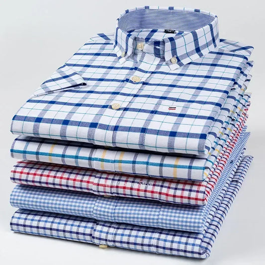 Men's lightweight cotton Oxford short sleeve shirt with plaid, striped patterns, square collar, single pocket, casual summer style.