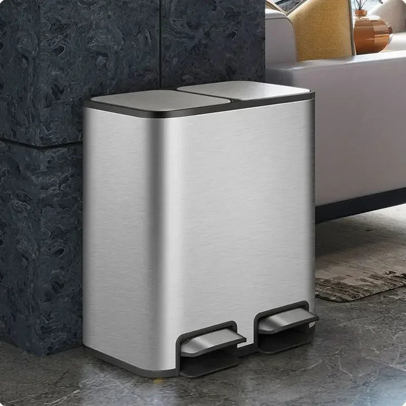 Stainless steel double 9L trash can with lid and pedal, suitable for kitchen, bathroom, or bedroom use