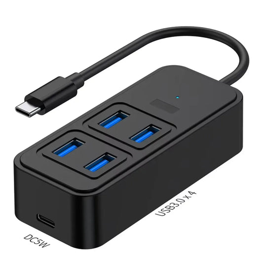 BackupMyFilesNow USB-C to 4-port USB 3.0 hub with power supply, compact docking station, high-speed data transfer for laptops.