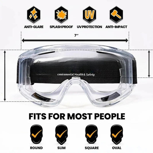 Clear anti-fog safety goggles with elastic strap by BACKUPMYFILESNOW.COM®, ideal for lab work, painting, cleaning, and gardening.