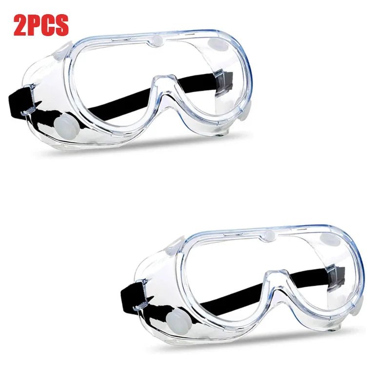 Clear anti-fog safety goggles from BACKUPMYFILESNOW.COM® with elastic strap, protective eye wear for lab work, painting, cleaning, and gardening.