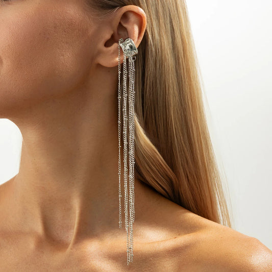 Elegant long tassel ear cuff clip earrings for women, vintage style, no piercing required, stylish jewelry accessory.