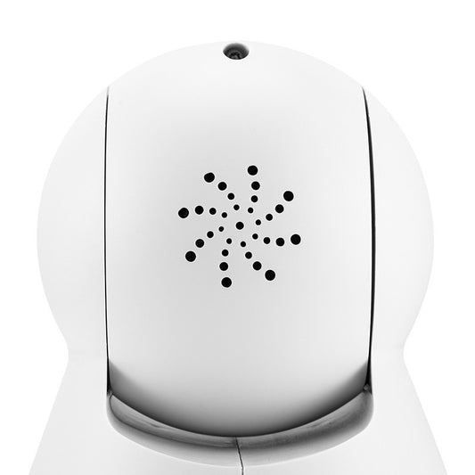 Wireless indoor security camera with smart WiFi, compact design, mounted on a wall for home surveillance.